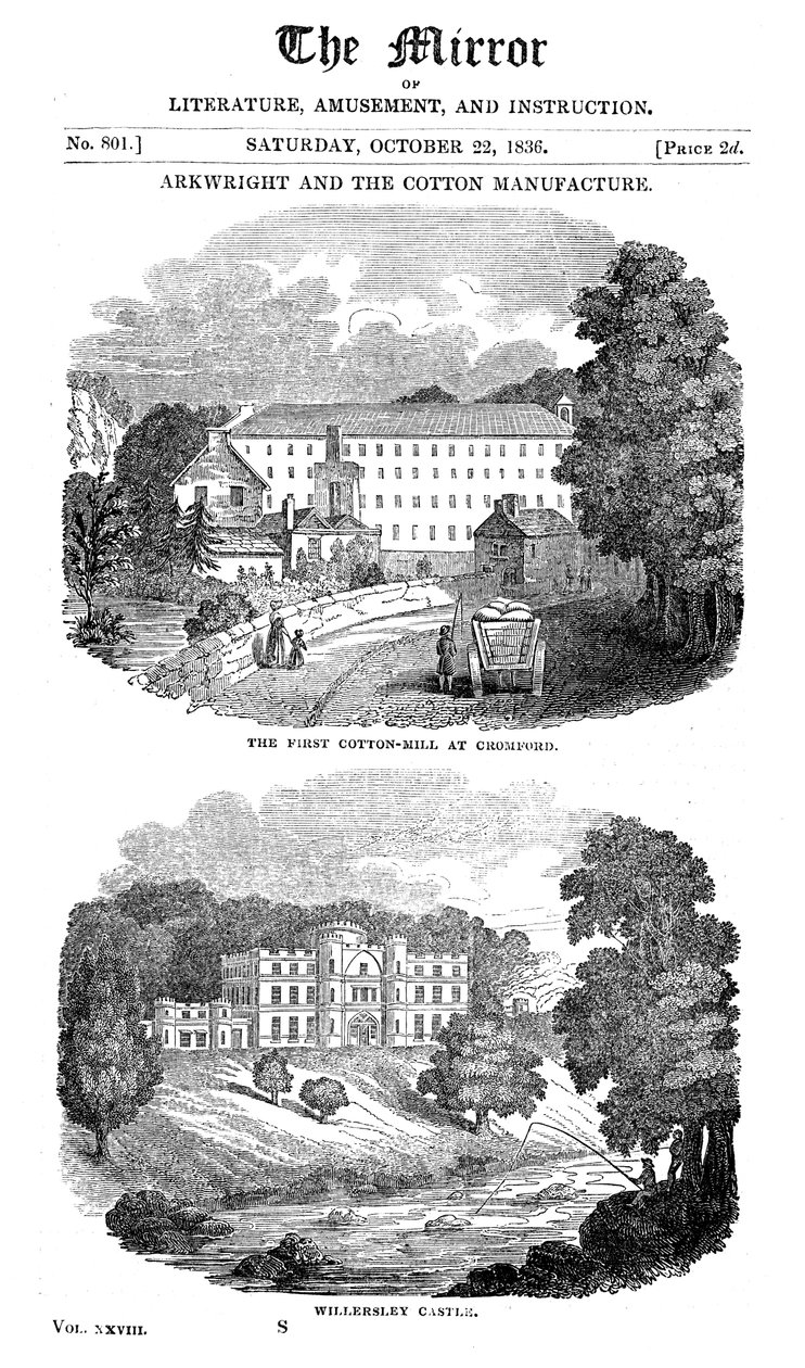 Den første bomuldsmølle i Cromford, Derbyshire og Richard Arkwrights hus, 1836 af Unbekannt