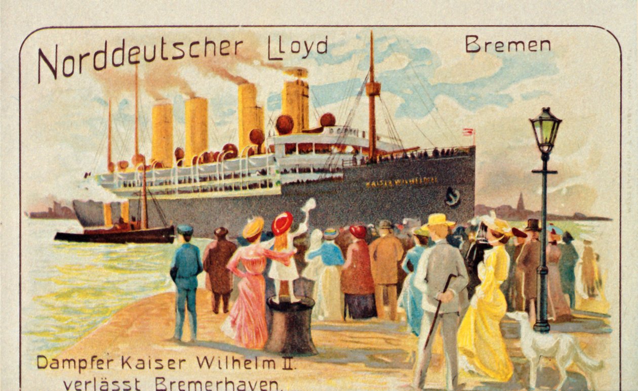 Den gigantiske SS Kaiser Wilhelm II trækker væk fra kajen ved Bremerhaven, Tyskland, 1905. af Unbekannt