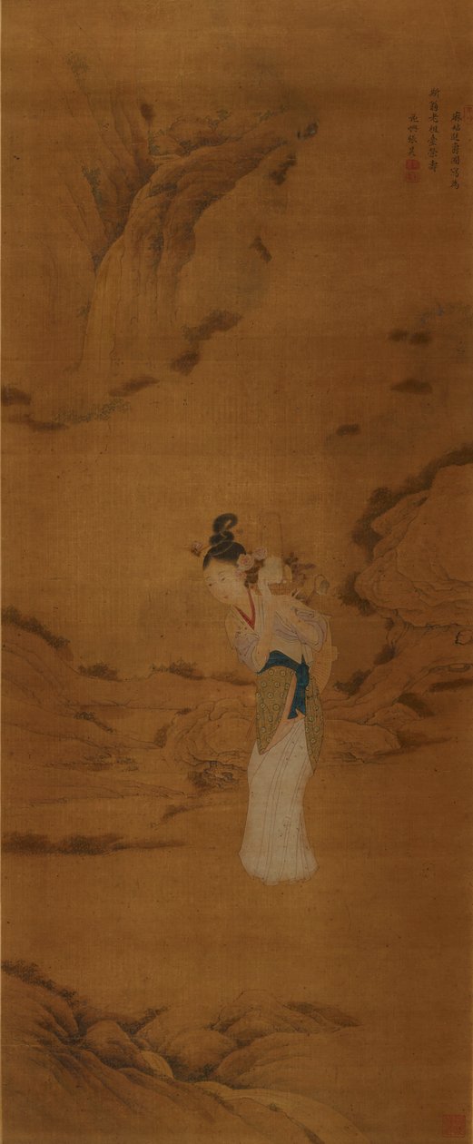 Gudinden Magu med en kurv med blomster, Qing-dynastiet 1645-1911 af Unbekannt