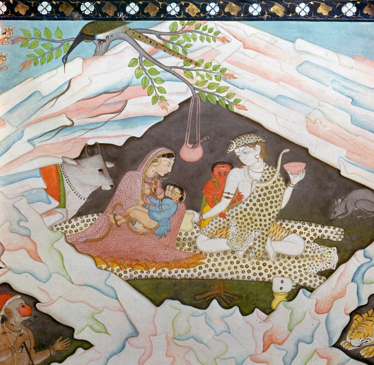 Den hellige familie sidder i en hule på Mount Kailasa af Unbekannt