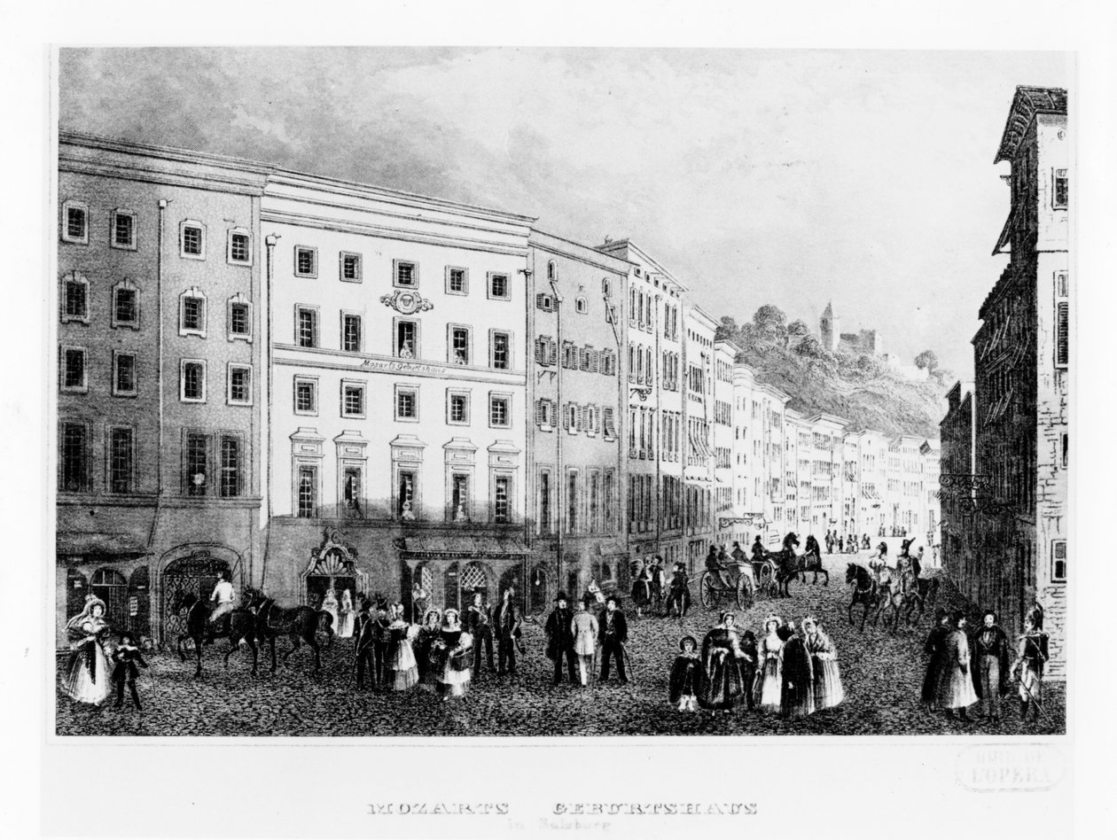 Huset i Salzburg, hvor Mozart blev født i 1791, midten af det 19. århundrede af Unbekannt