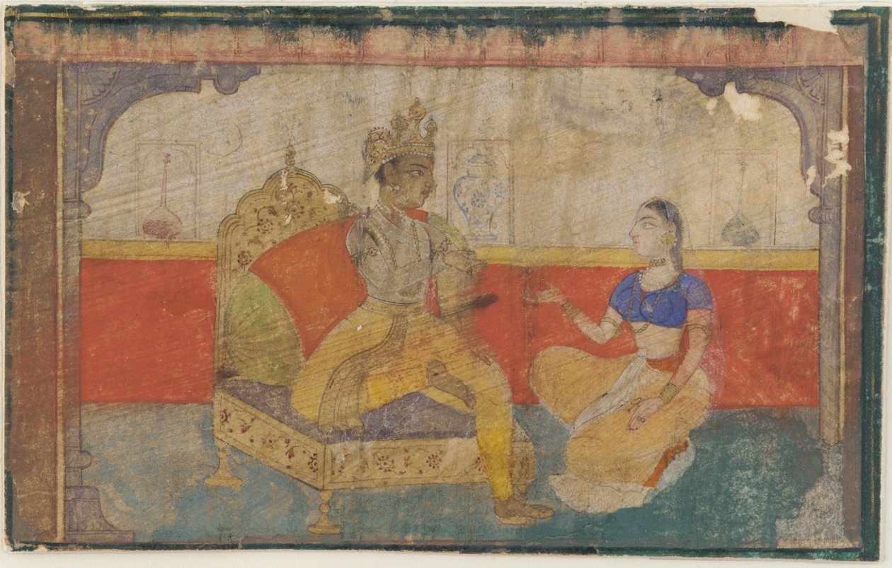 Elskeren Krsna i samtale med budbringeren fra den elskede, fra en Rasikapriya, ca. 1617. af Unbekannt