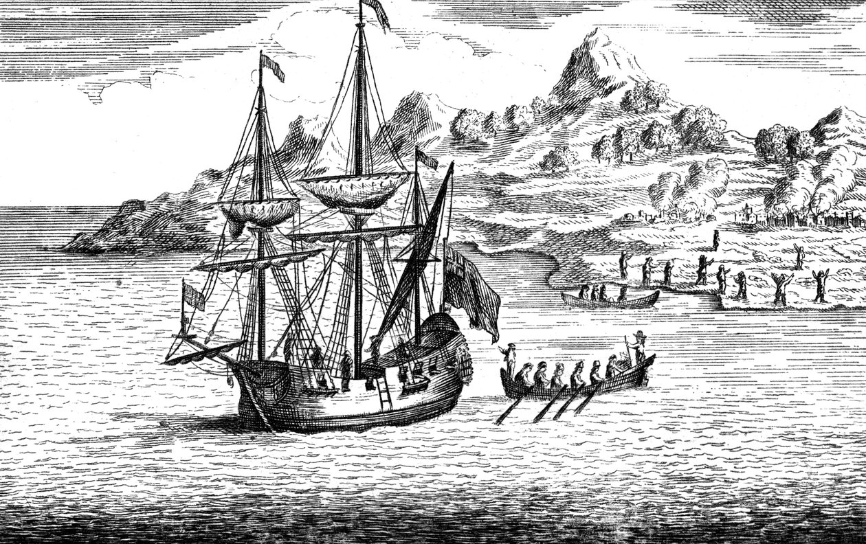Massakren og afbrændingen af to landsbyer på Madagaskar, c1500-tallet af Unbekannt