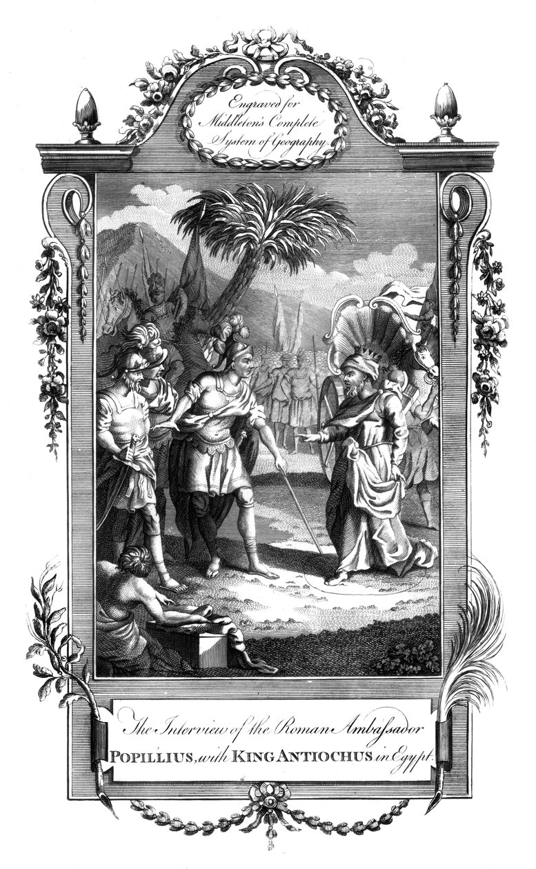 Mødet mellem den romerske ambassadør, Popillius, og kong Antiochus, Egypten, c1700-tallet af Unbekannt