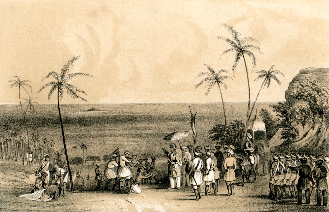 Købmændene i Calicut greb og lænkede til en gold klippe efter ordre fra Tippoo Saib, 1847 af Unbekannt