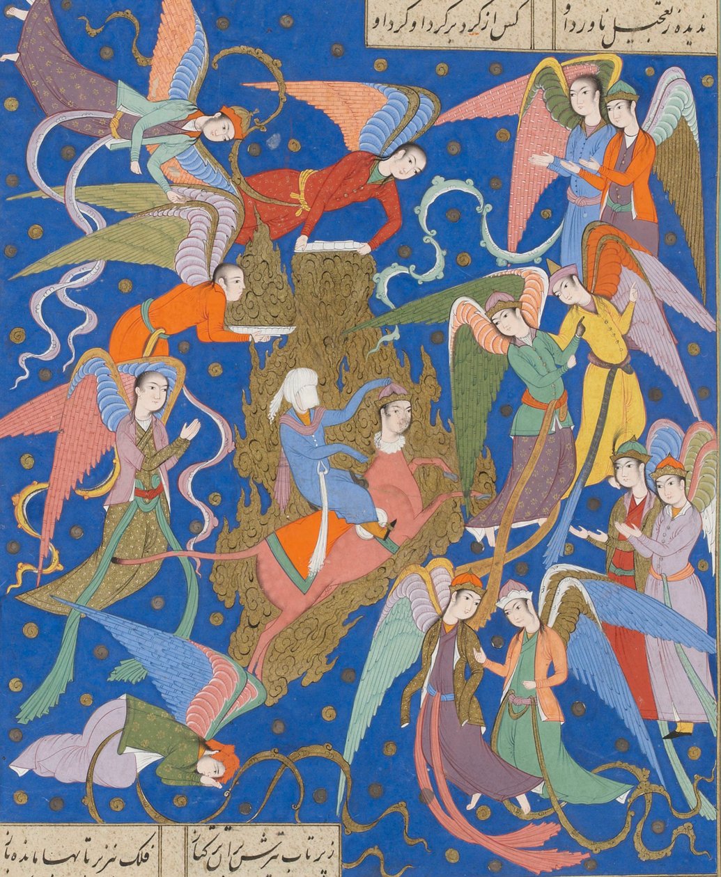 Profetens natrejse. Fra et manuskript af Khamsa of Nizami, ca. 1620. af Unbekannt