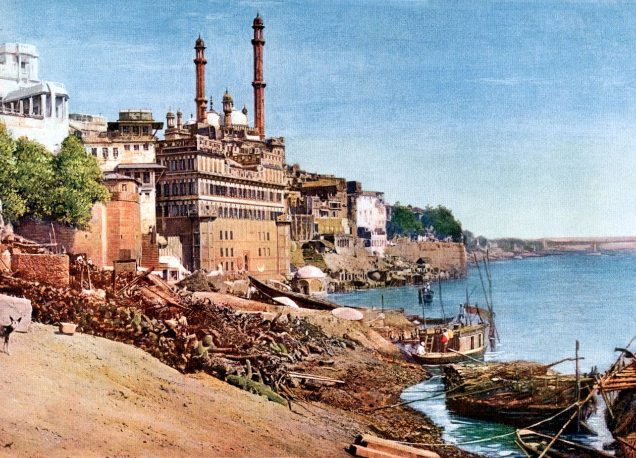 Ganges-floden og de brændende ghats ved Benares Varanasi, Indien, begyndelsen af det 20. århundrede af Unbekannt