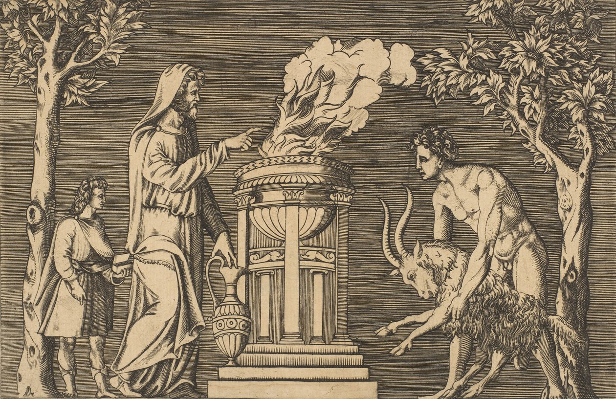 Ofringen af en vædder holdt af en nøgen mand til højre, hætteklædt præst til venstre med en..., ca. 1515-1600. af Unbekannt