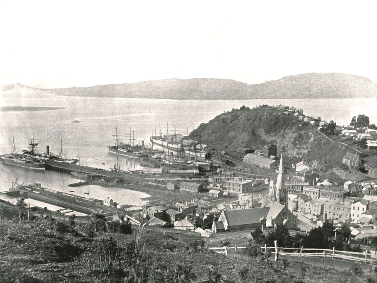 Byen og havnen, Port Chalmers, New Zealand, 1895. af Unbekannt