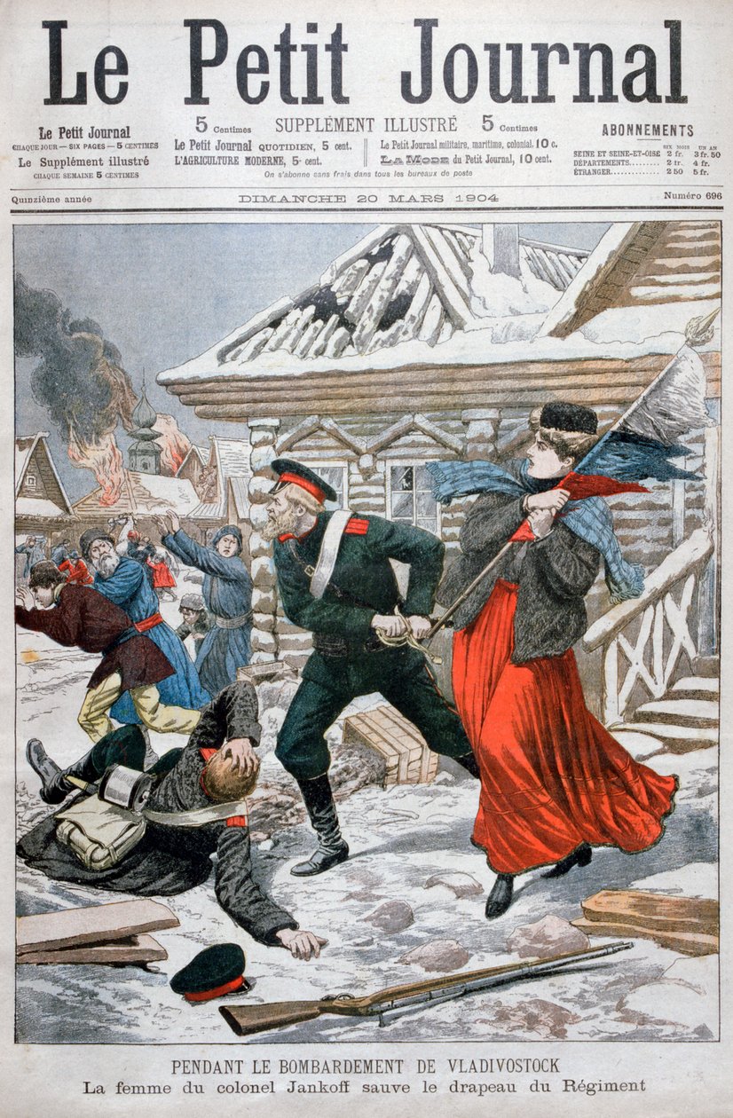 Oberst Jankoffs hustru reddede regimentets flag, bombardement af Vladivostok, 1904 af Unbekannt