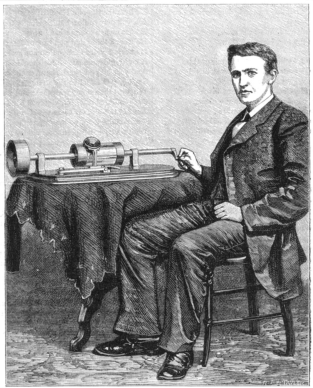Thomas Alva Edison, amerikansk opfinder, med en tidlig hånddrevet model af sin fonograf, 1878 af Unbekannt