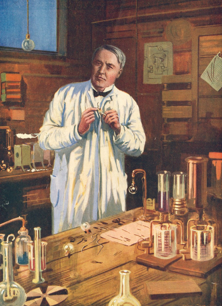 Thomas Edison, amerikansk opfinder, i sit laboratorium, Menlo Park, New Jersey, USA, 1870