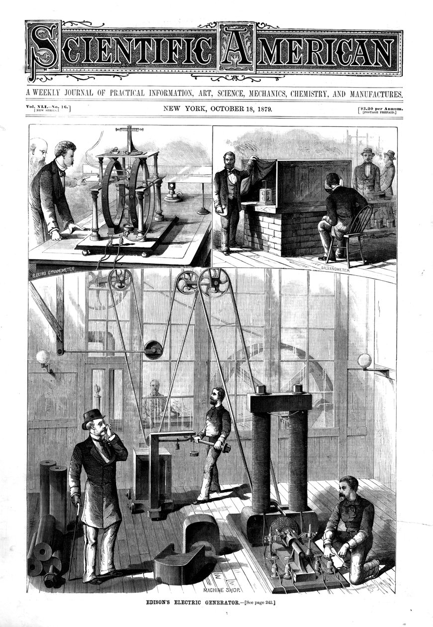Thomas Edisons generator til elektrisk lys i hans hjem i Menlo Park, New Jersey, USA, 1879 af Unbekannt