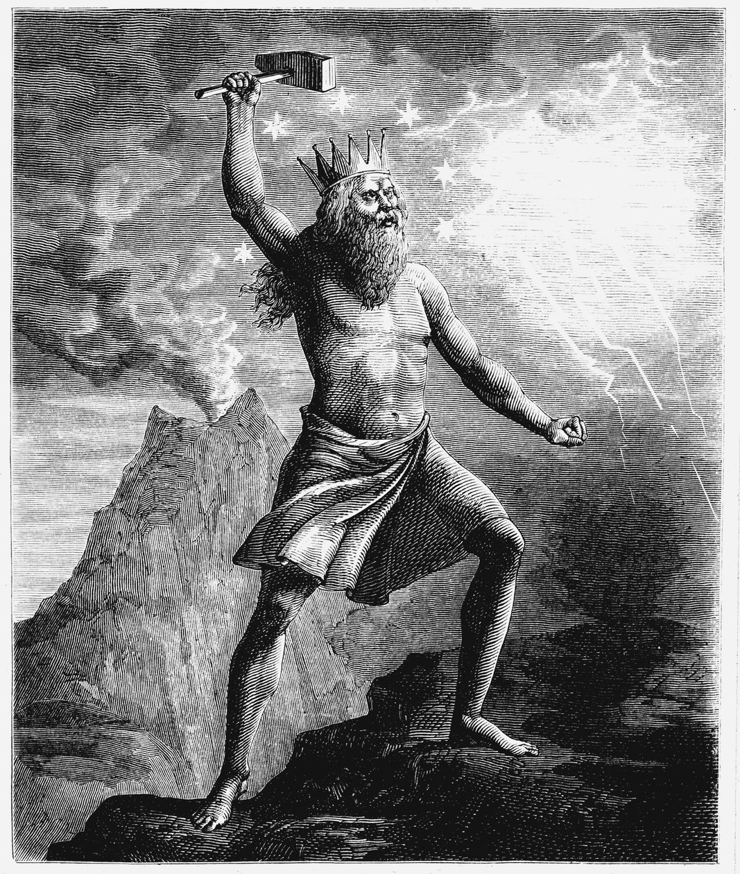 Thor, tordenguden i det skandinaviske pantheon, svinger sin hammer, 1874 af Unbekannt