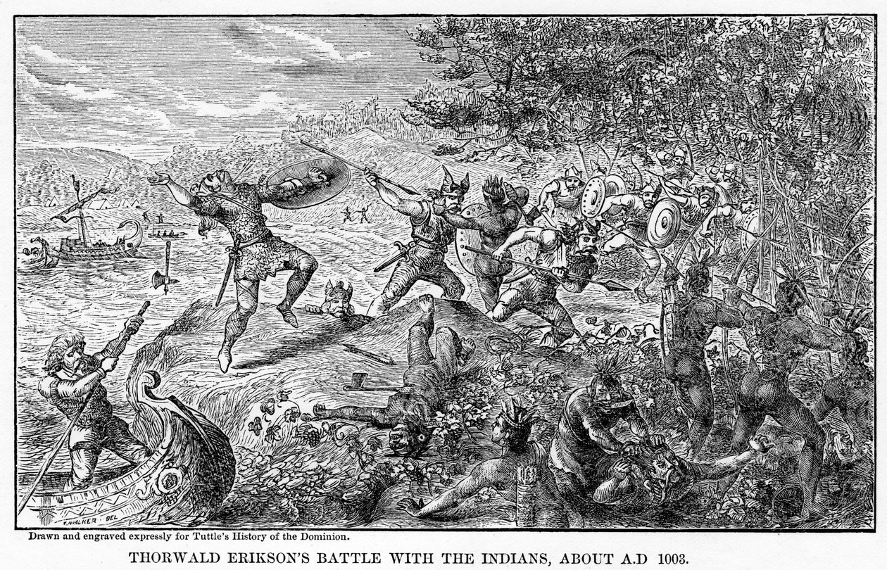 Thorwald Eriksons kamp med indianerne, omkring 1003 e.Kr., 1877 af Unbekannt