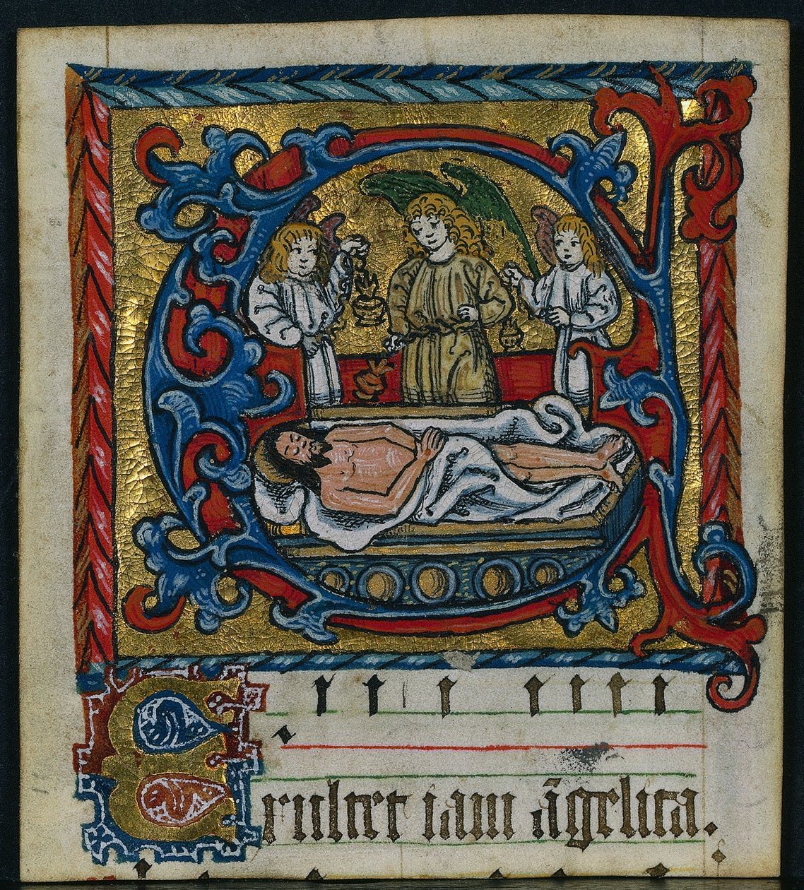 Tre stiklinger fra et missal: Indledende E med gravlæggelsens engle, ca. 1470-1500. af Unbekannt