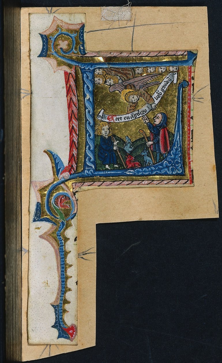 Tre stiklinger fra et missal: Indledende L med bebudelsen til hyrderne, ca. 1470-1500. af Unbekannt