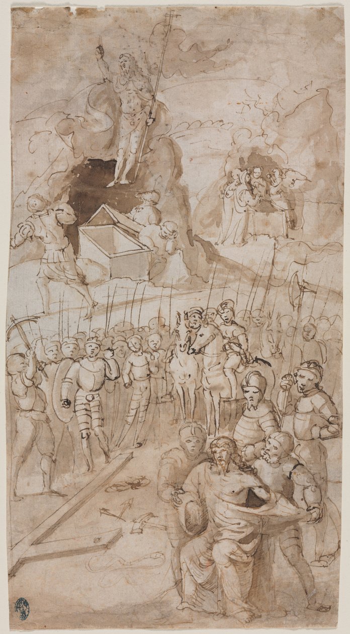 Tre scener fra Kristi lidenskab recto Architectural Sketch verso, 1500-tallet. af Unbekannt