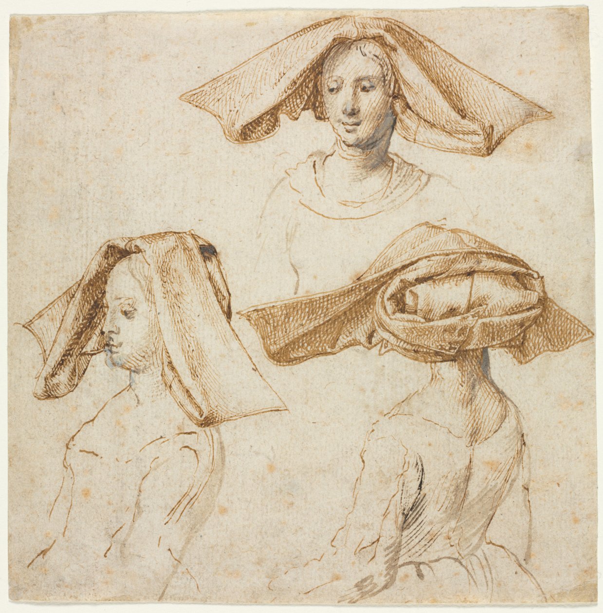 Tre undersøgelser af en kvinde iført en udførlig hovedbeklædning, ca. 1500. af Unbekannt