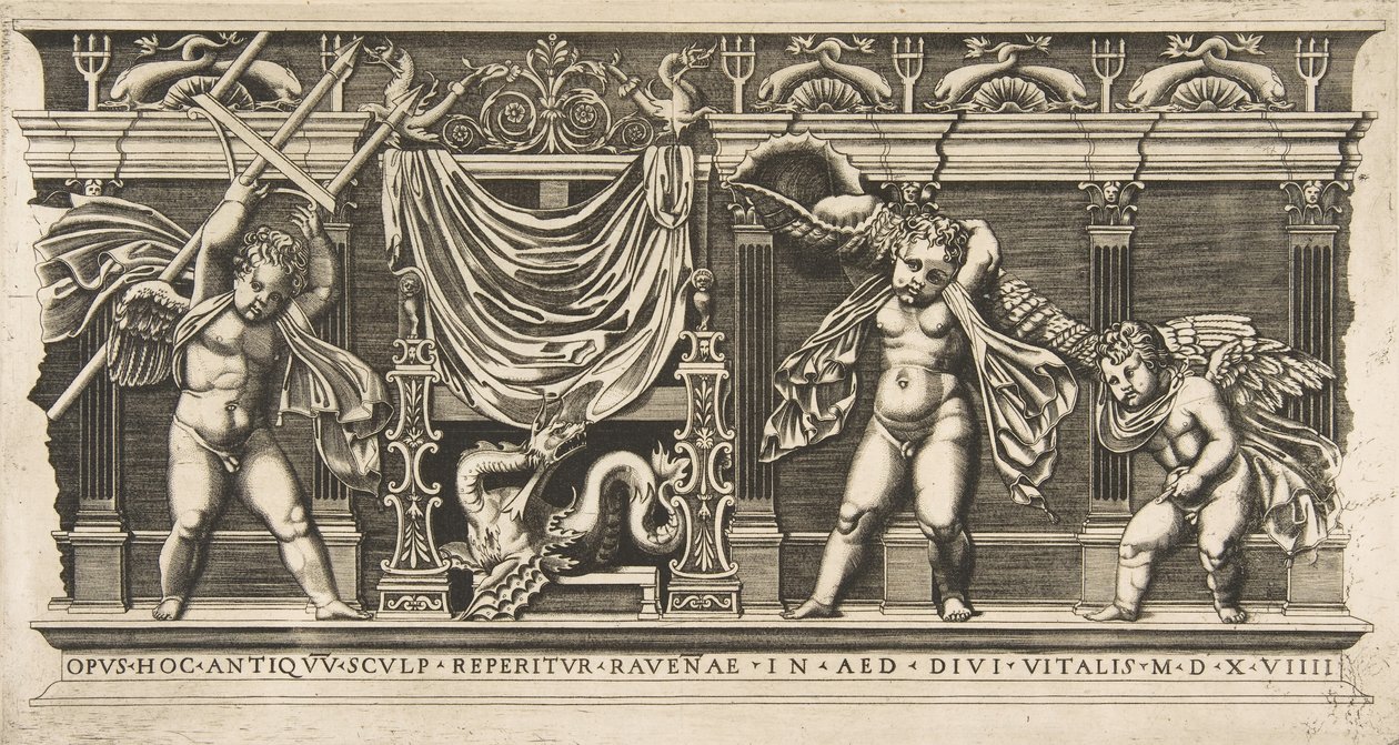 Tre amoriner foran en facade med pilastre, en med en trefork og en anden..., ca. 1515-1600. af Unbekannt