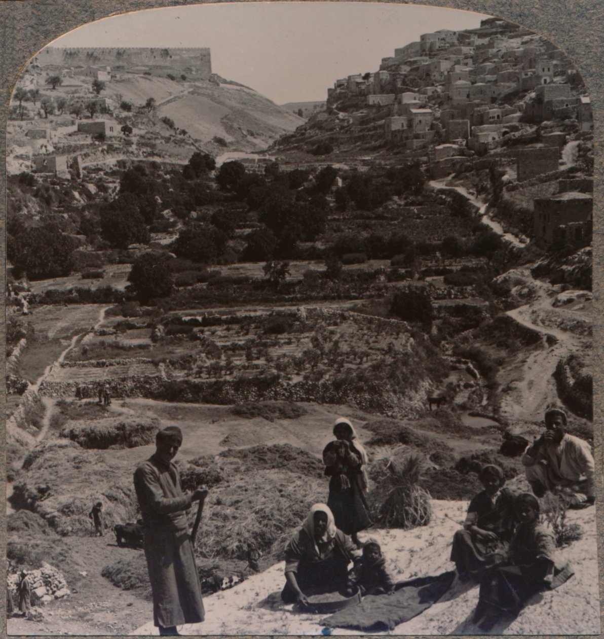 Tærskning på tag, med udsigt over Kedron-dalen, c1900 af Unbekannt