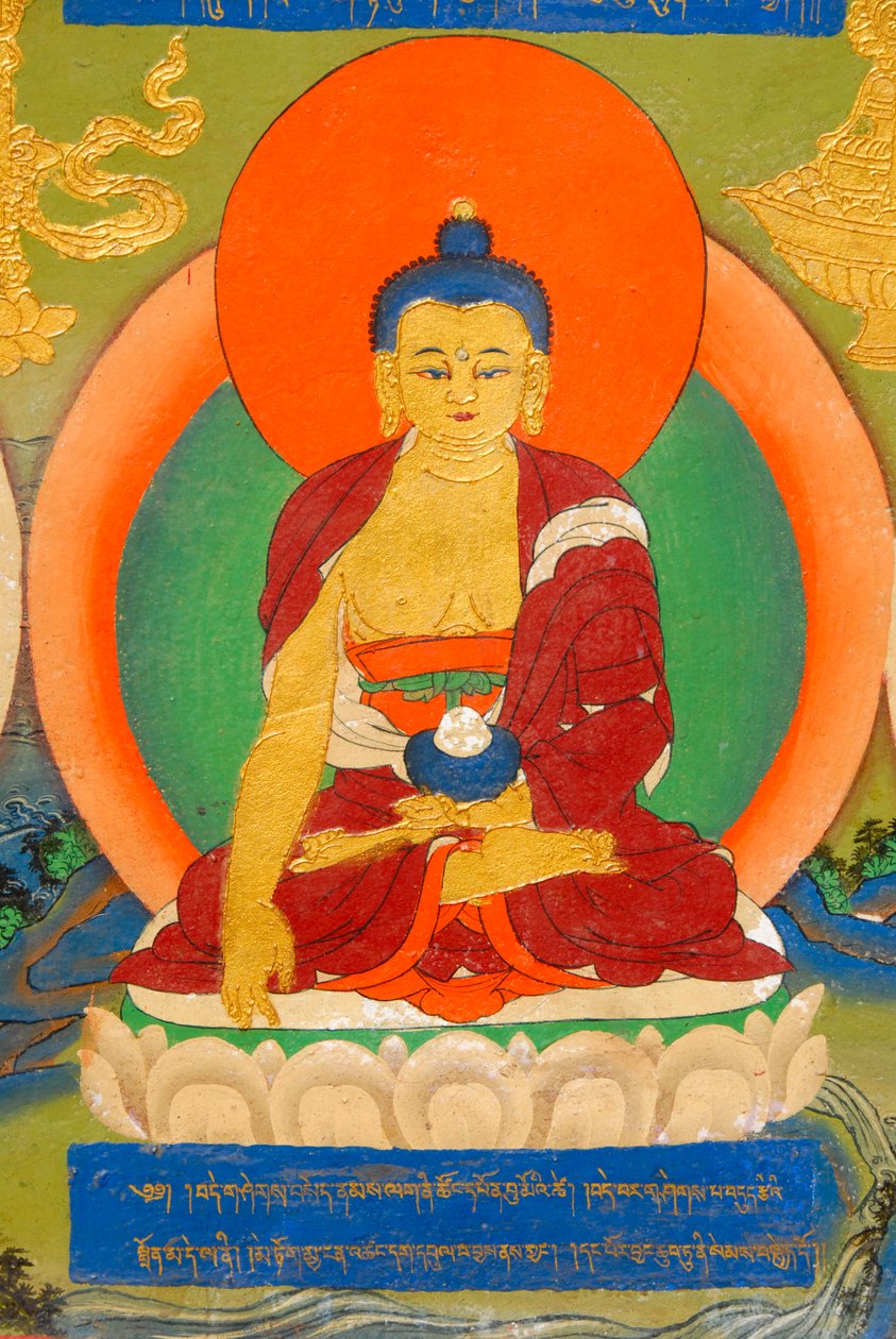 tibetansk buddhisme; farverigt vægmaleri, der viser Buddha i meditation; Bhumisparsha Mudra; Bhumisparshamudra kalder moder jord; Paladset Panchen Lama; Tashilhunpo kloster; Shigatse; Himalaya; Tibet autonome region; Folkerepublikken Kina; Asi af Unbekannt