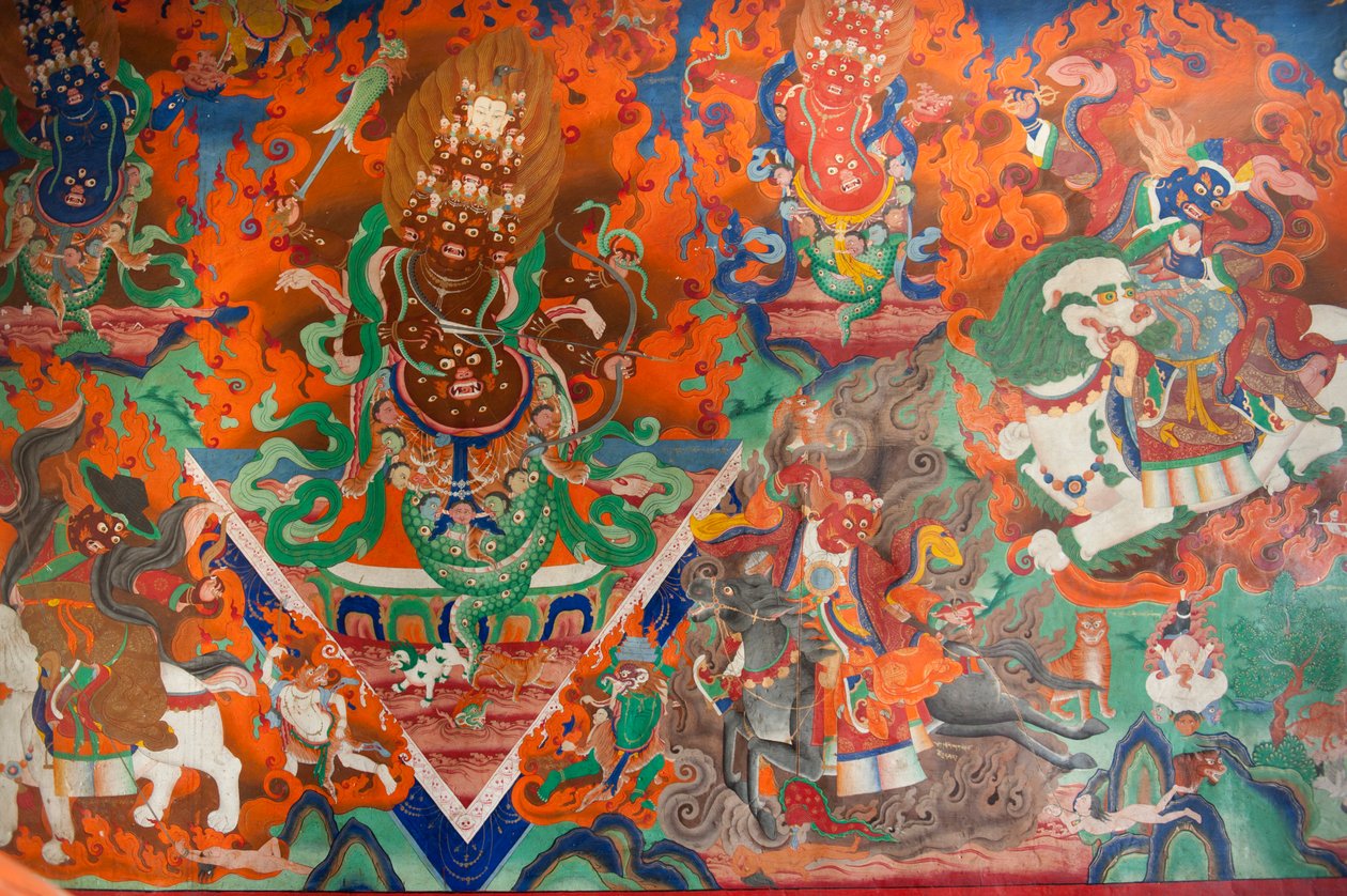 tibetansk buddhisme; gammelt vægmaleri i forsamlingshuset; dæmon kæmper med bue og pile; Takthok Gompa Kloster; Sakti nær Leh; Ladakh-distriktet; Jammu og Kashmir; Indien; Syd Asien; Asien af Unbekannt