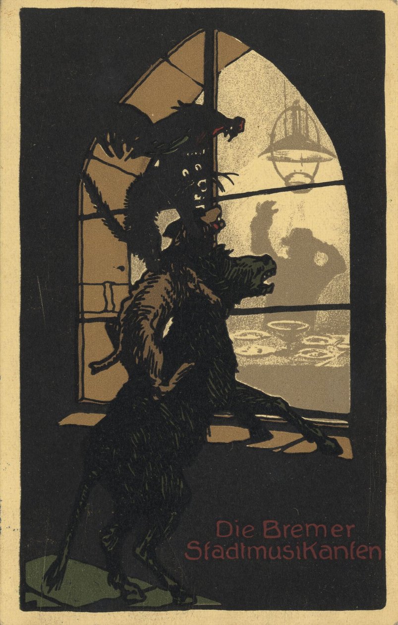 Titeldesign på bogen Town Musicians of Bremen af brødrene Grimm, 1910