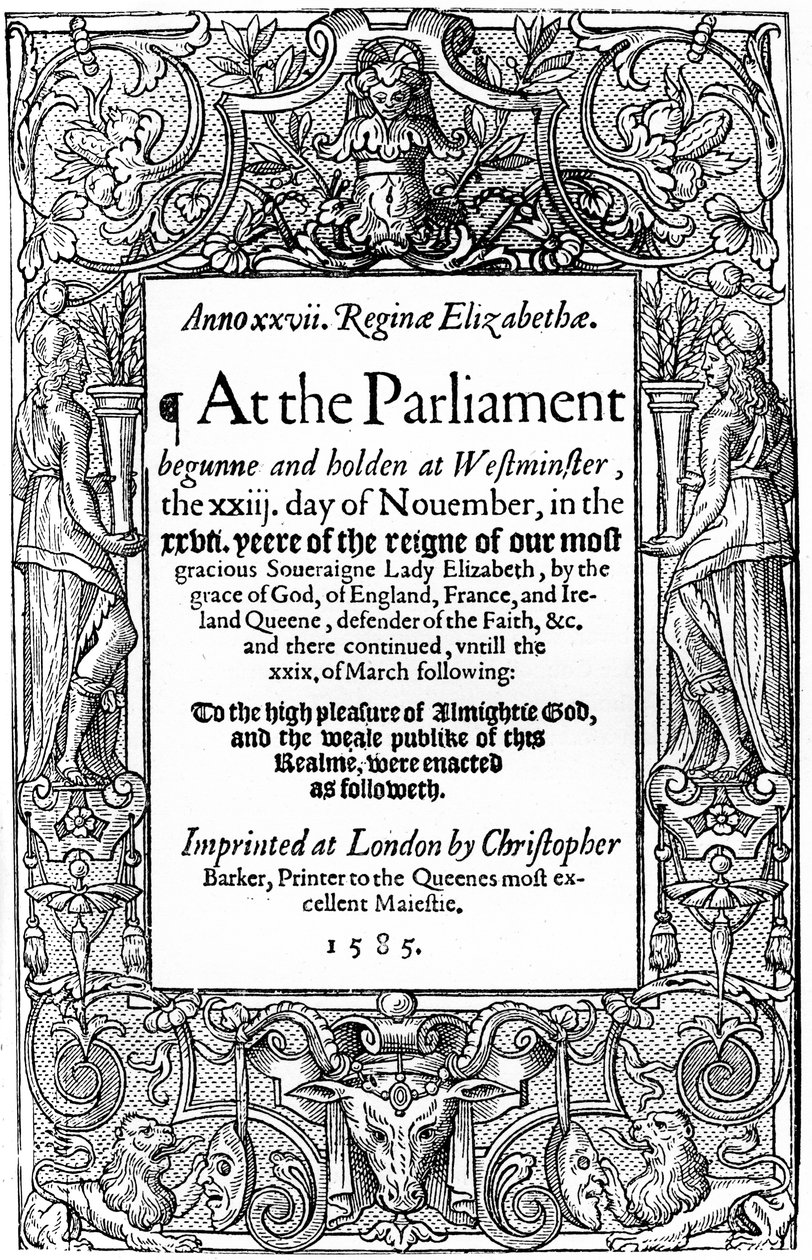 Titelblad til parlamentets love, 1585, 1893 af Unbekannt