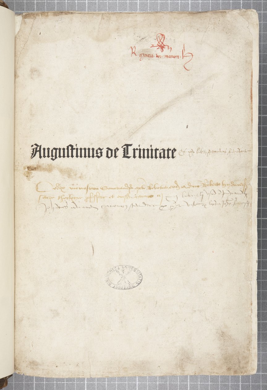 Titelside af De trinitate og De Civitate Dei cum commento, skrevet af Augustin af Hippo (pen & blæk på papir) af Unbekannt