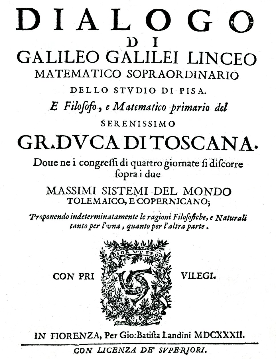 Titelblad af Dialogo, af Galileo, 1632 af Unbekannt