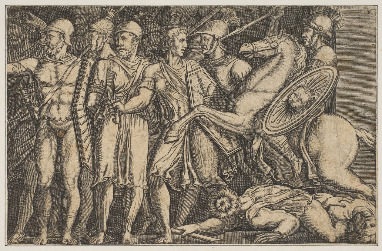 Trajan Fighting the Dacians, Trajan til hest til højre rider mod en gruppe ..., ca. 1515-1600. af Unbekannt