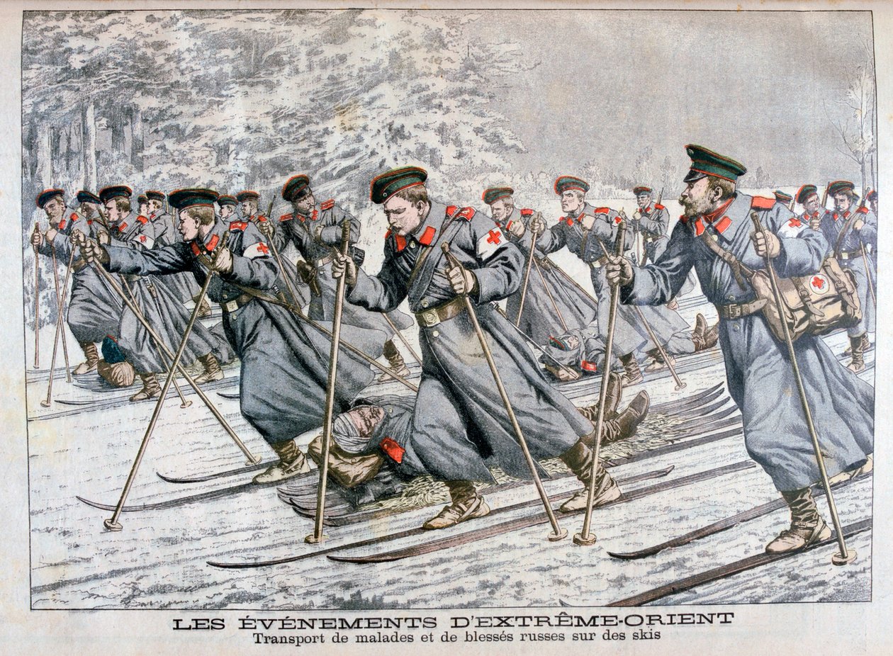 Transport af syge og sårede russiske tropper på ski, russisk-japansk krig, 1904 af Unbekannt