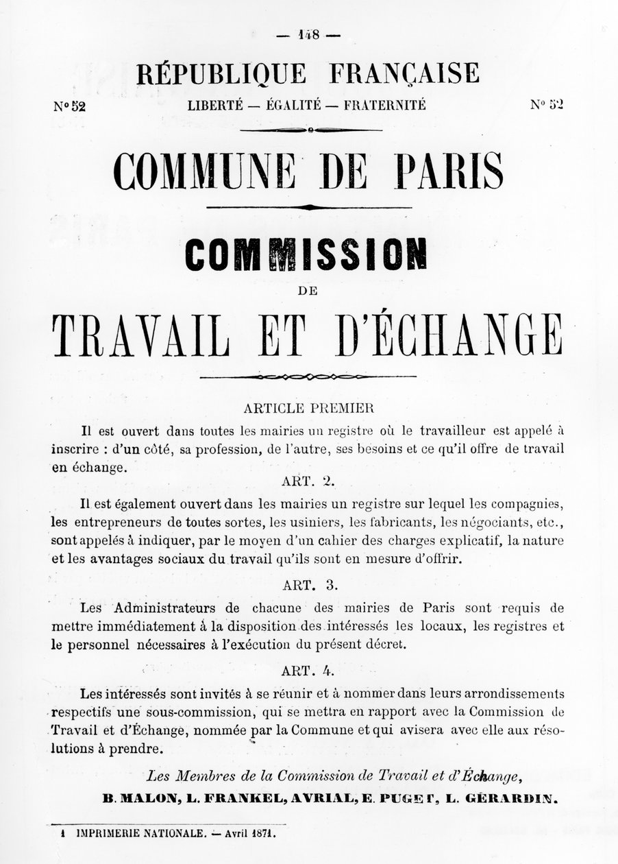 Travail et DEchange, fra franske politiske plakater fra Pariserkommunen, maj 1871 af Unbekannt