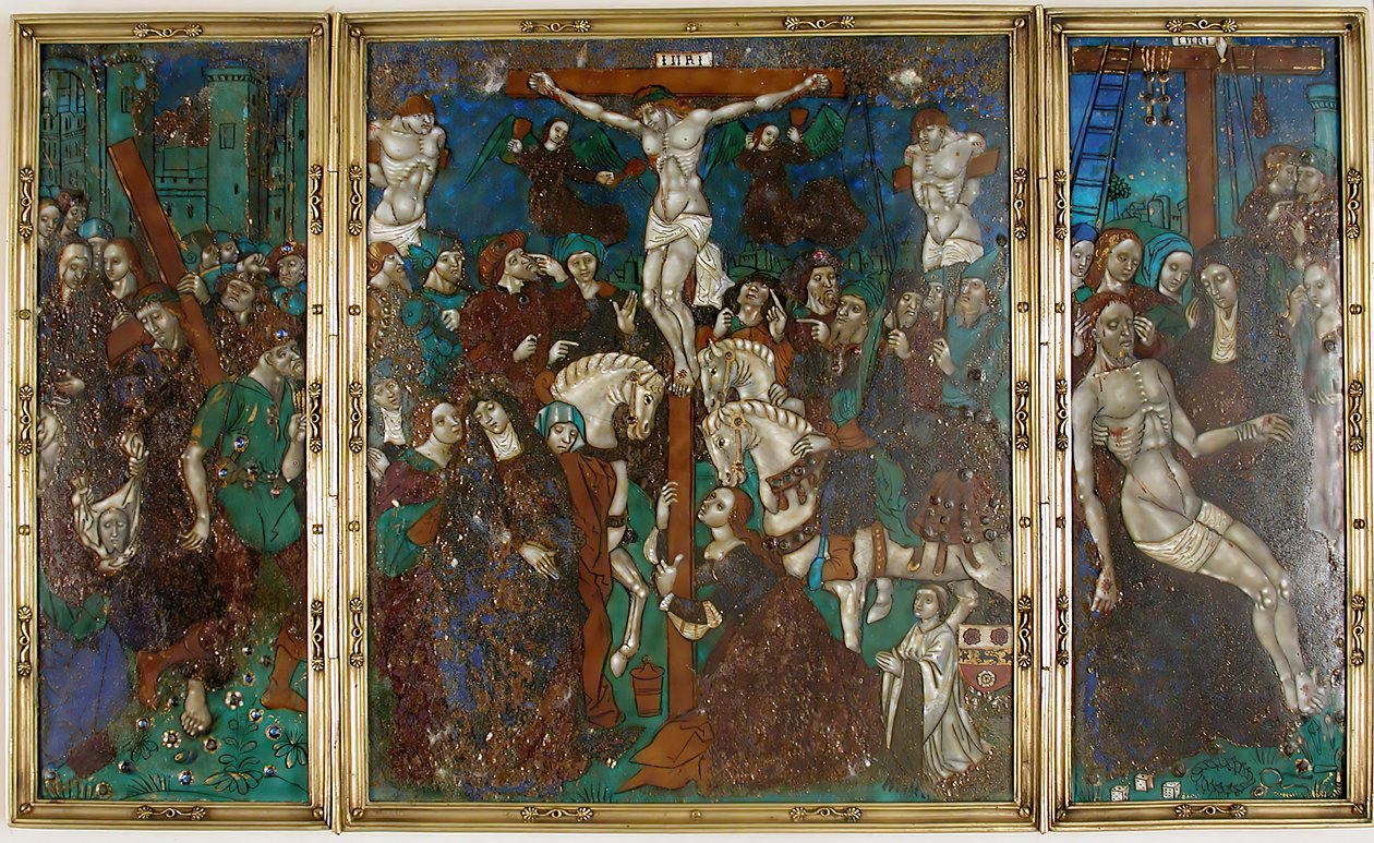 Triptykon med Vejen til Golgata, Korsfæstelse og Nedstigning fra korset, fransk, 1500-tallet. af Unbekannt