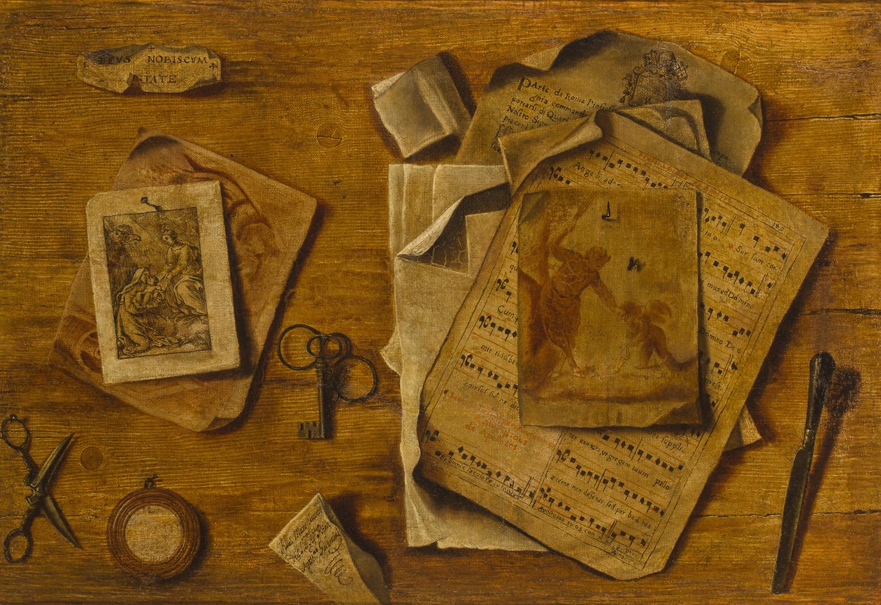 Trompe-lil med partitur, tegninger og tangenter, ca. 1800 af Unbekannt