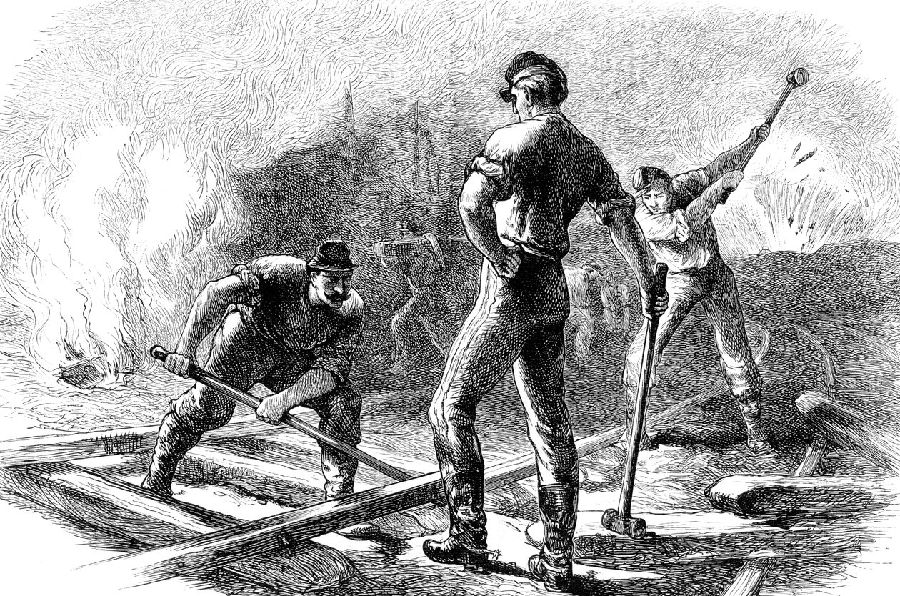 Tropper river en jernbane op, amerikansk borgerkrig, 1861-1865 c1880 af Unbekannt