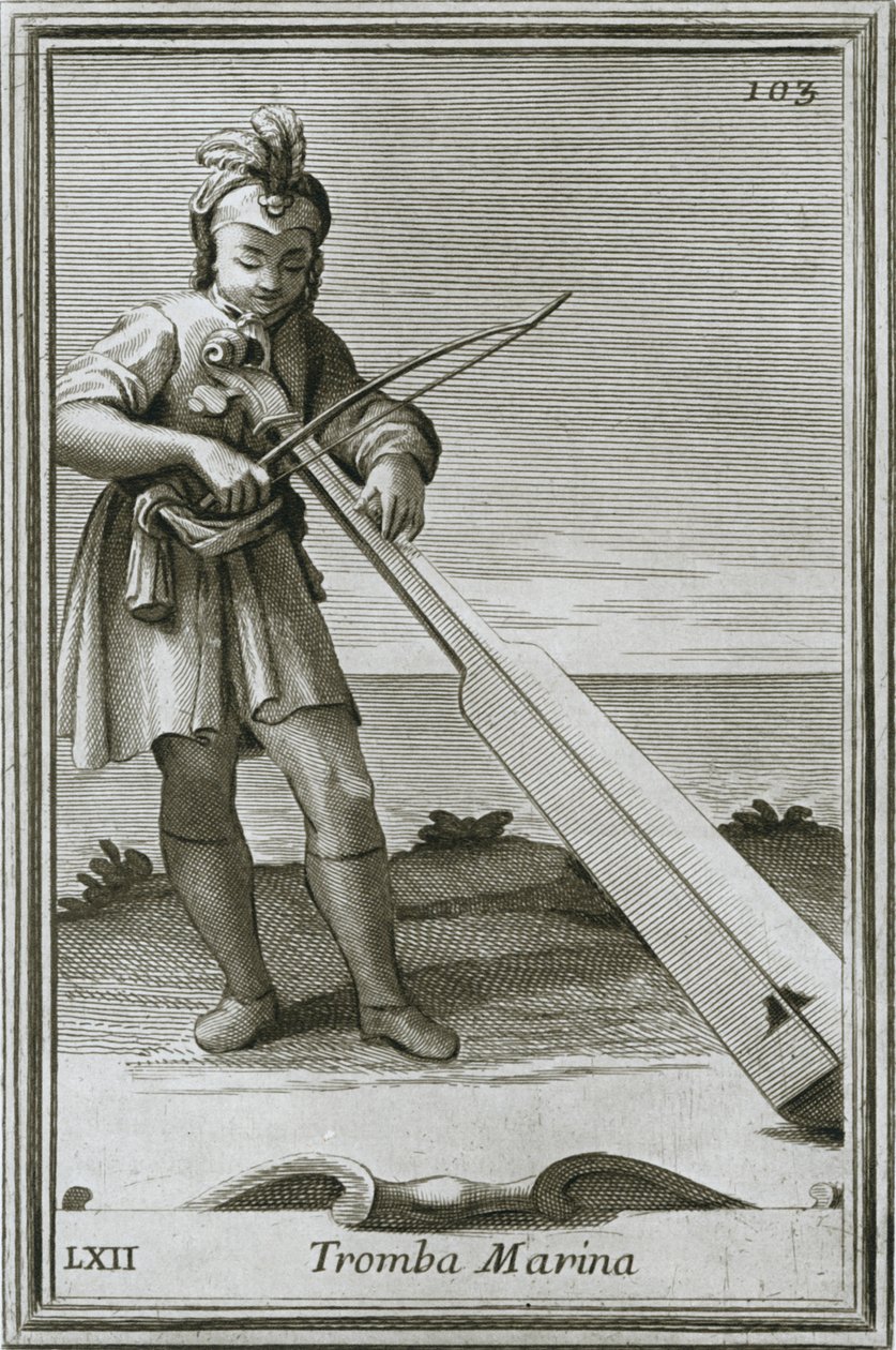Trumscheit marinetrompet, gravering fra F. Bonannis bog Armonic cabinet, Rom, 1722, 1948 af Unbekannt