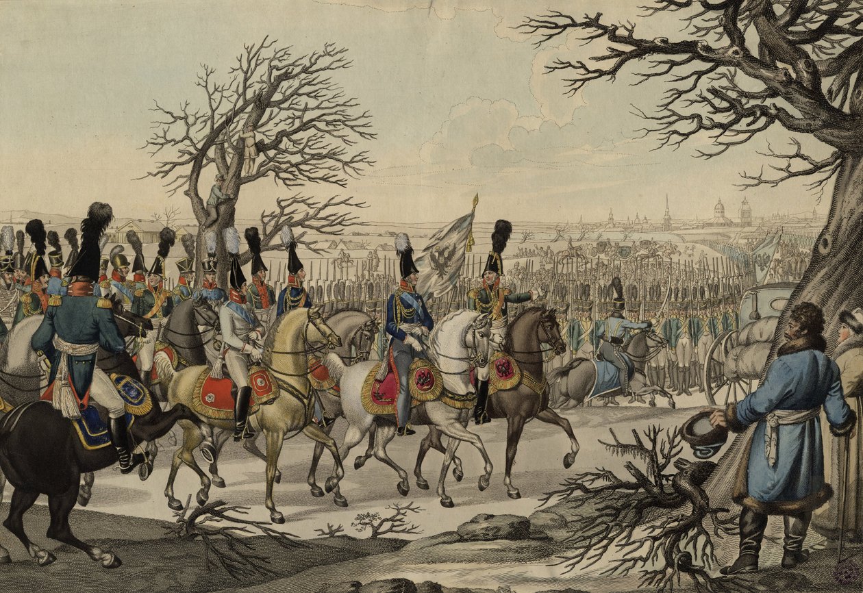 Zar Alexander I og kong Frederik Vilhelm III før tropperne, ca 1813 af Unbekannt