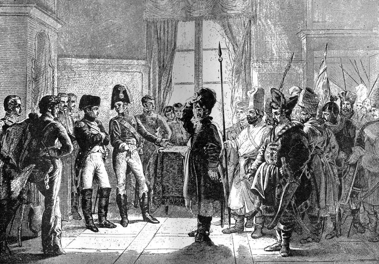 Zar Alexander I præsenterer russiske tropper til Napoleon, 8. juli 1807 1882-1884 af Unbekannt