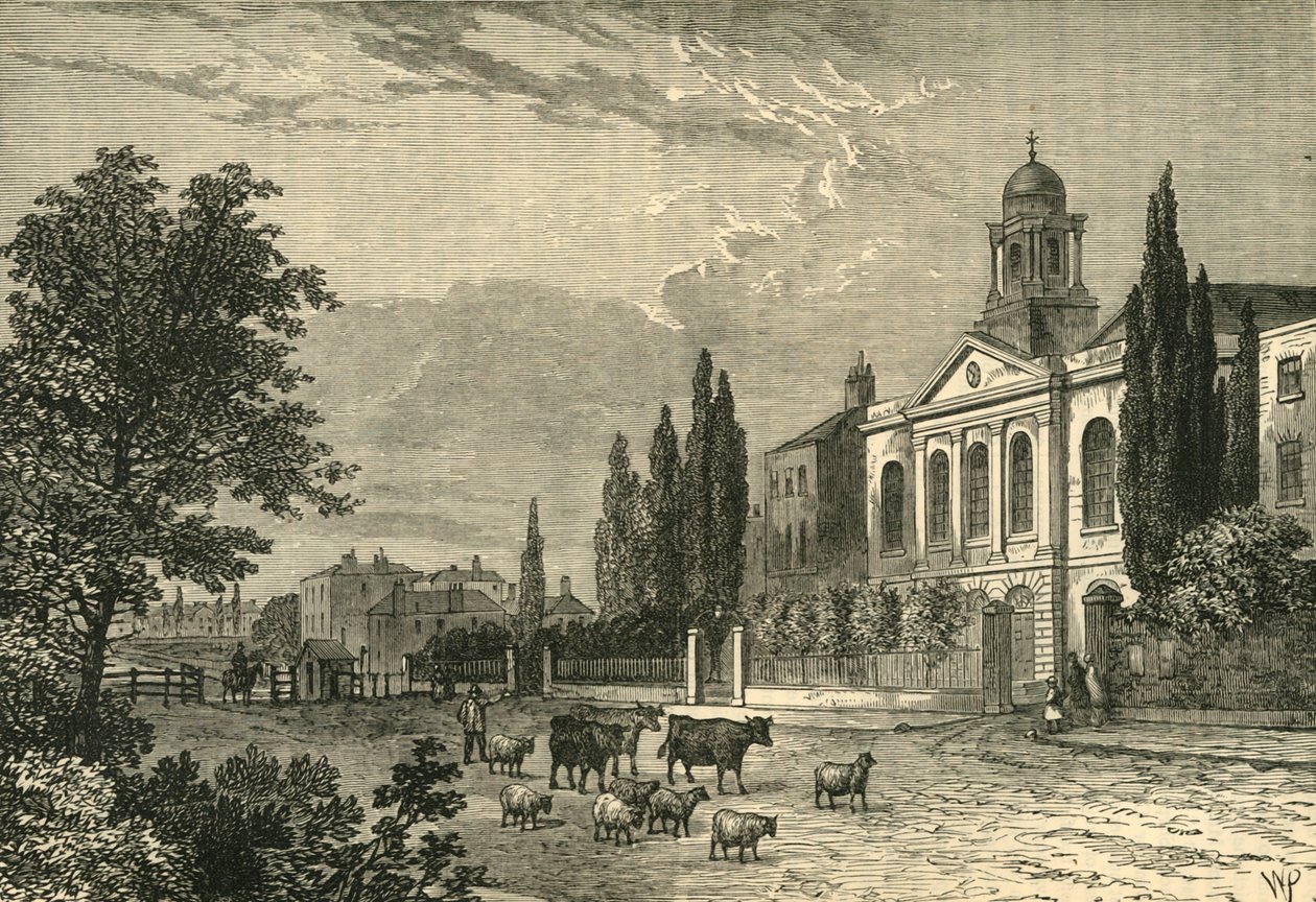 Turnpike i Hampstead Road og St. James Church, i 1820, c1876. af Unbekannt
