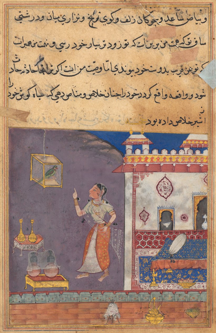 Tuti-Nama Tales of a Parrot: Tale XXIX, Løve fordrevet fra sin hule af en Lynx lille #XIV, ca. 1560. af Unbekannt