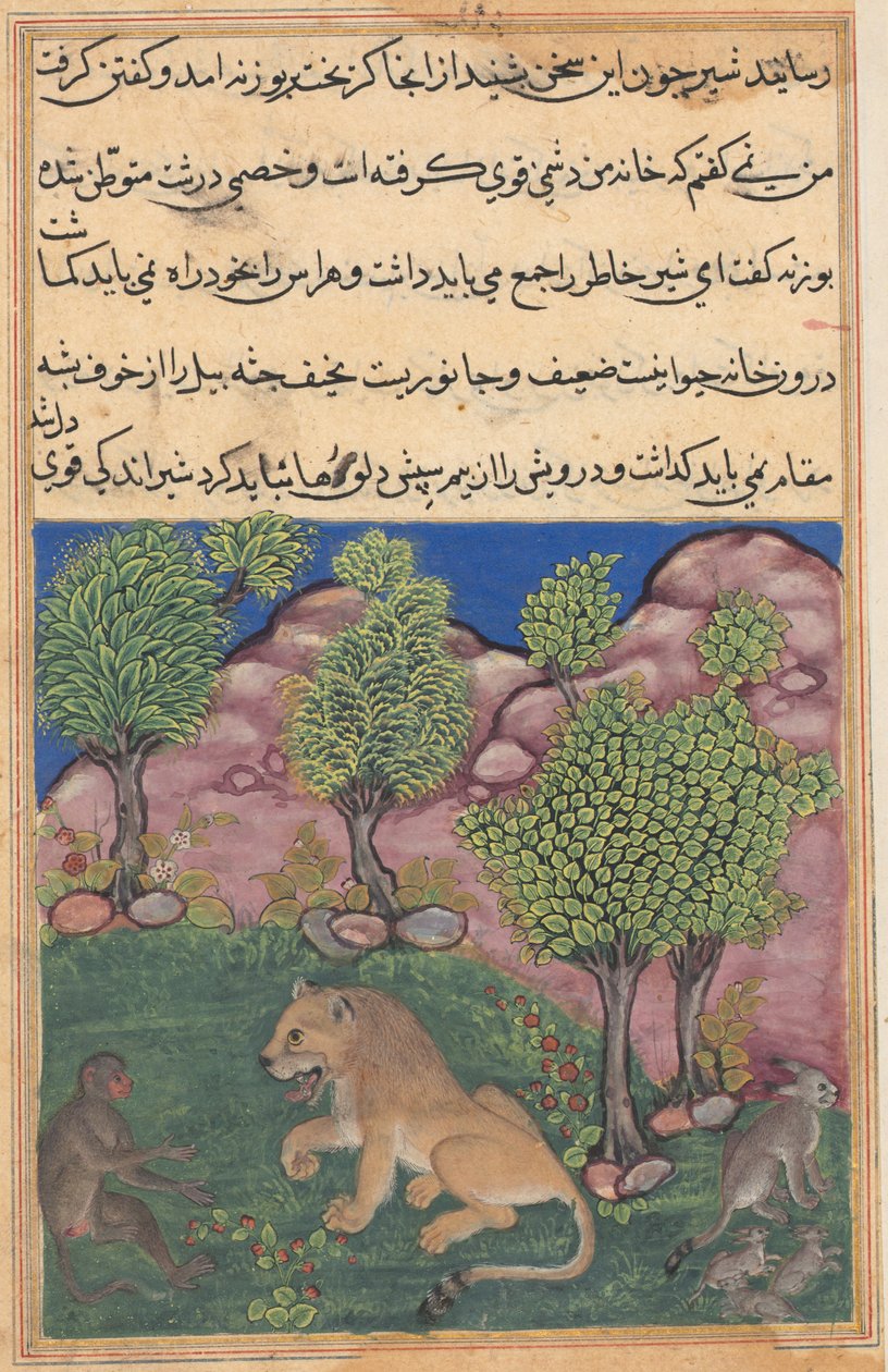 Tuti-Nama Tales of a Parrot: Tale XXVIII: The Monkey Advises the Suspicious Lion..., ca. 1560. af Unbekannt