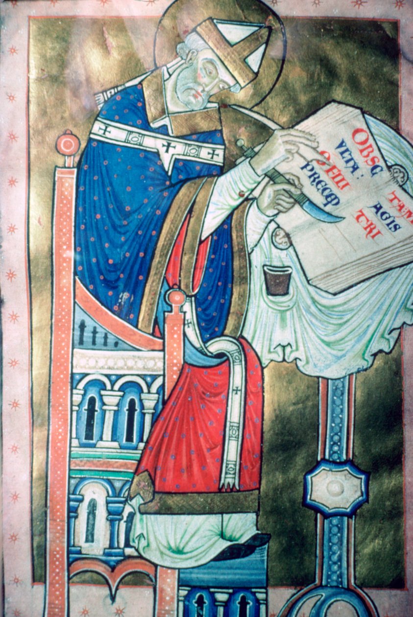 12. århundredes illustration af St Dunstan 909-988 som skriver. Han var ærkebiskop af Canterbury af Unbekannt