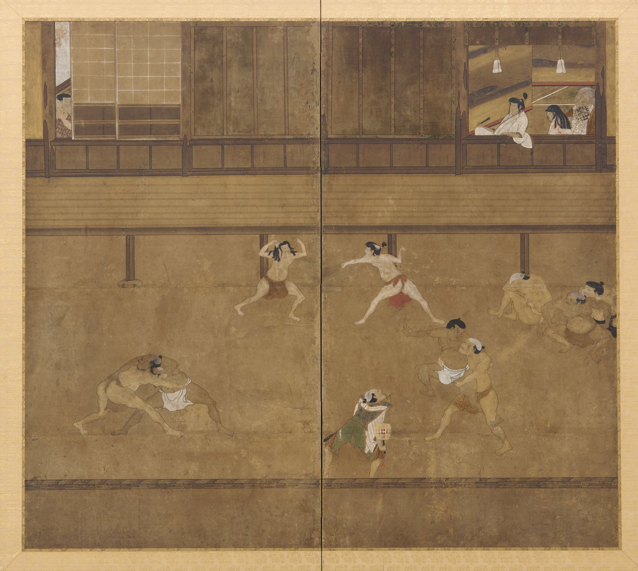 Skærm med to paneler, der viser wrestlere, Edo-perioden, 1600-tallet. af Unbekannt