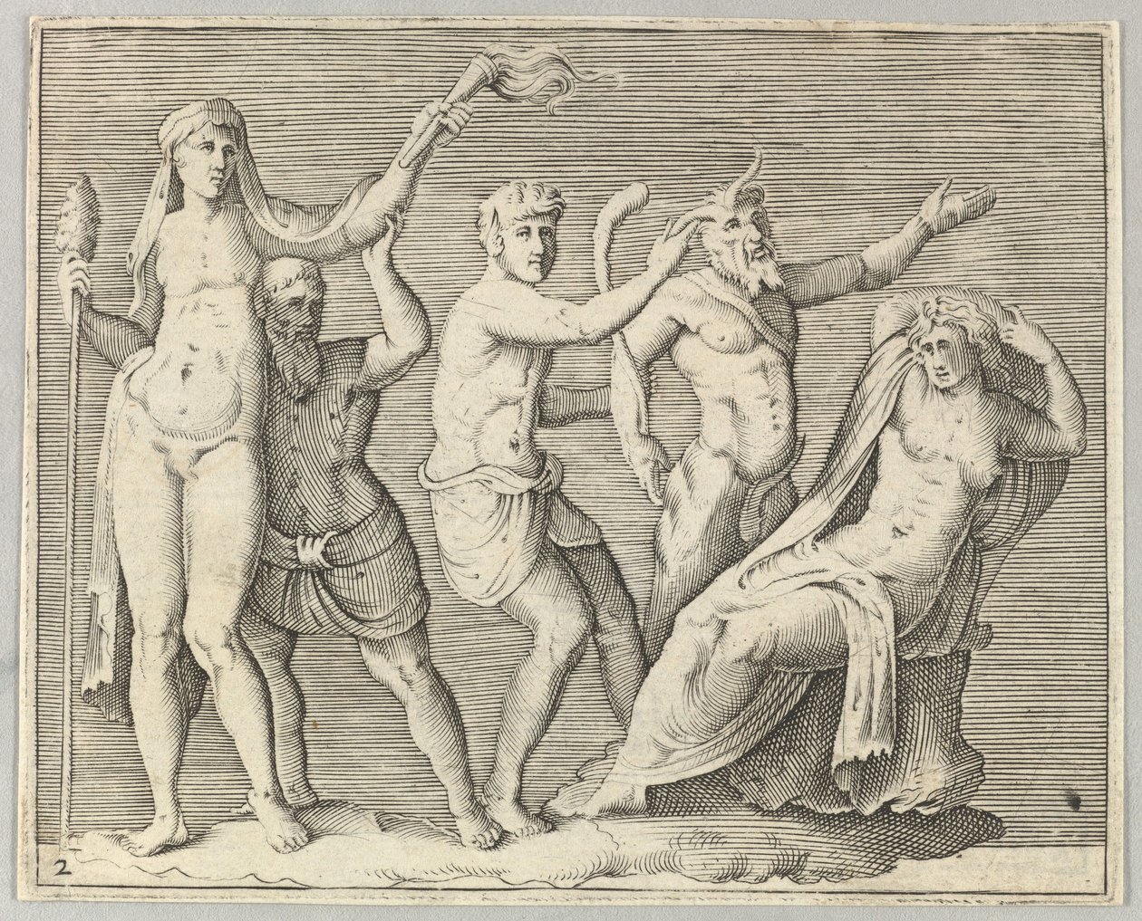 To figurer, en faun og en satyr nærmer sig en liggende kvinde, udgivet ca. 1599-1622. af Unbekannt