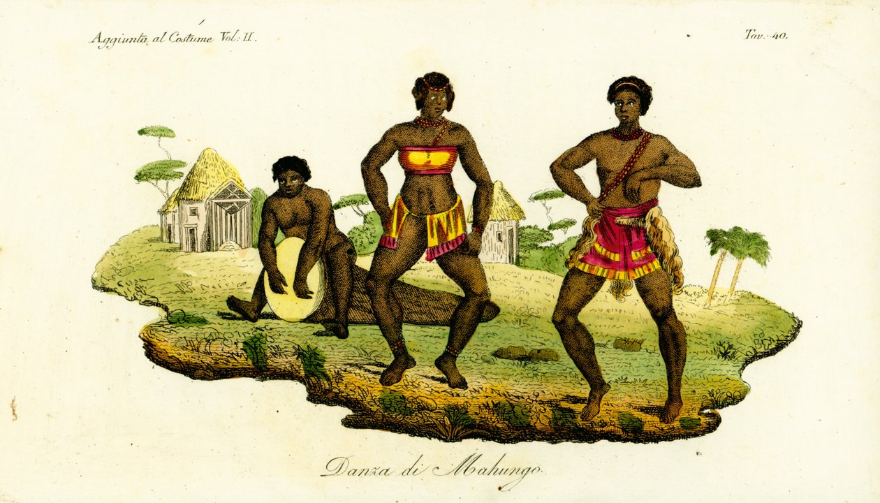 To Mahungo-kvinder danser semba til musik fra en tromme udskåret fra en bjælke i Angola af Unbekannt