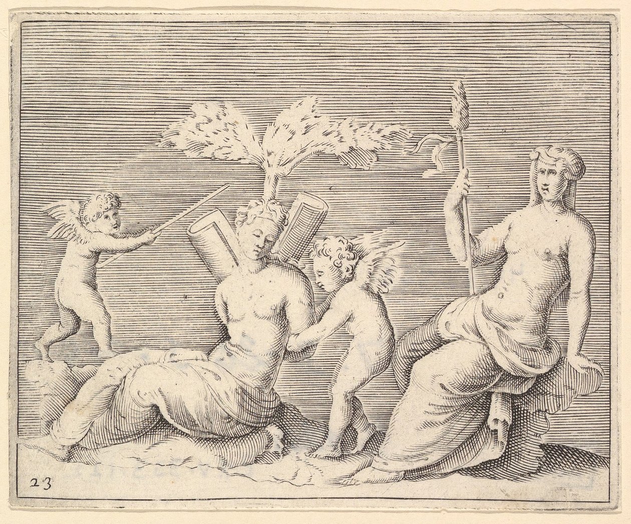 To kvinder og to amoriner, udgivet ca. 1599-1622. af Unbekannt