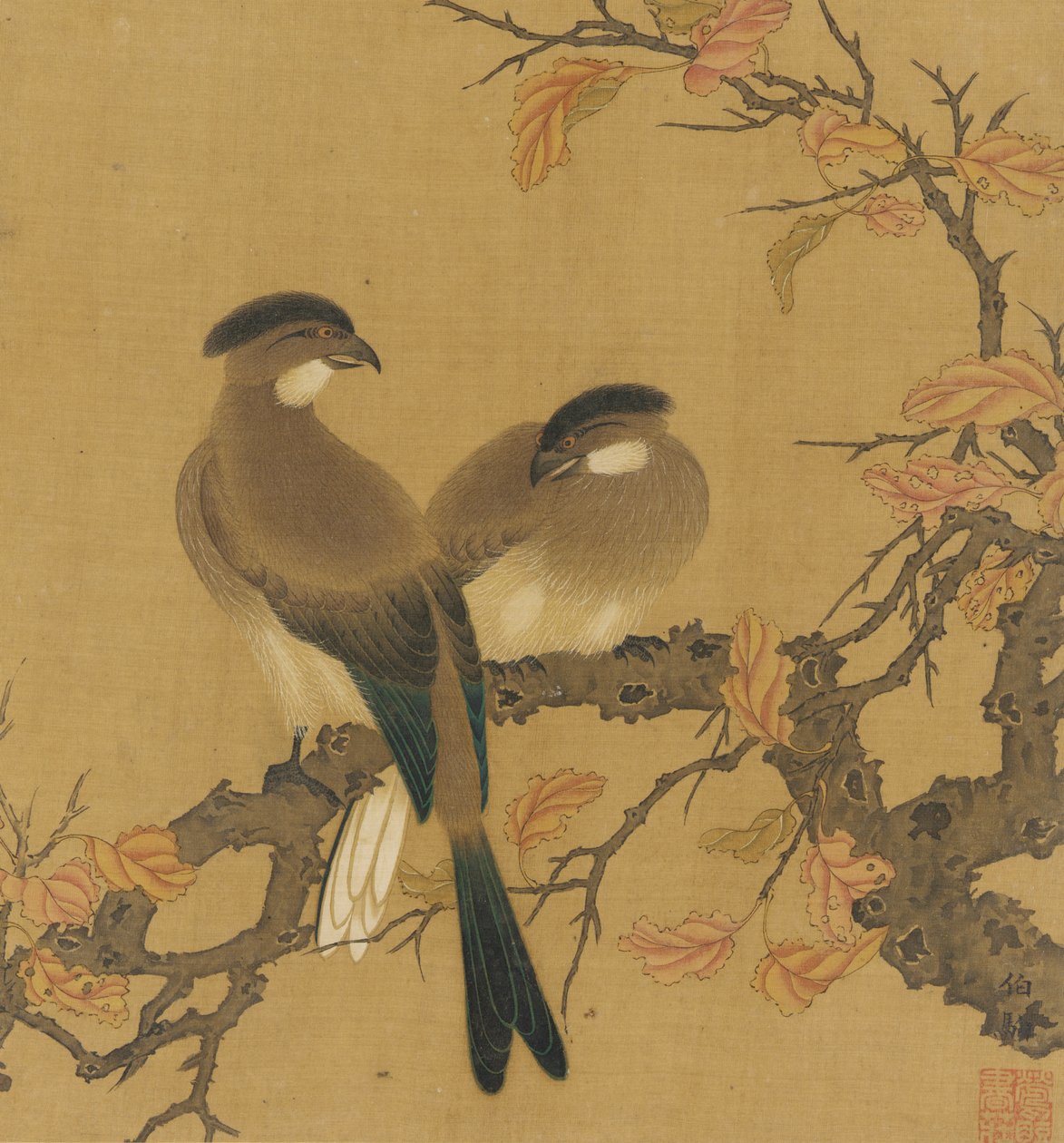 To kamfugle på en gren, efterårsblade, Qing-dynastiet, 1700-tallet. af Unbekannt