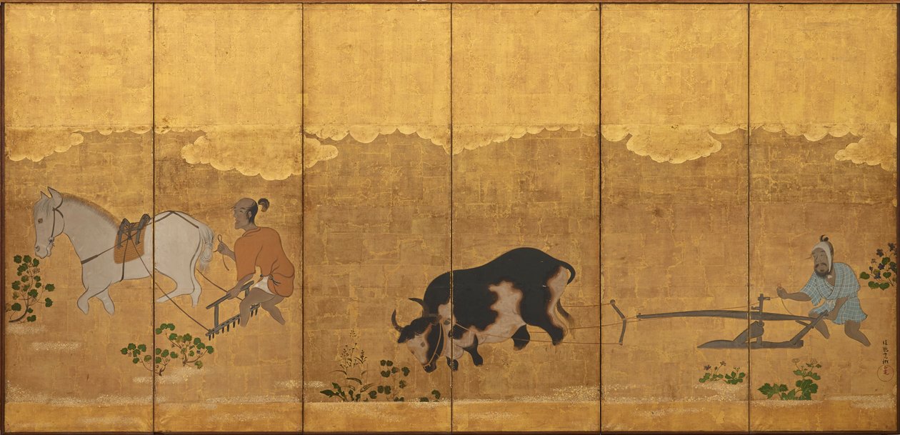 To bønder, der pløjer og harver en rismark, Edo-perioden, 1615-1868. af Unbekannt